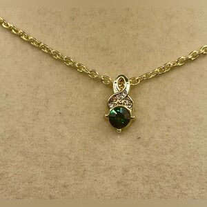 Dainty Green Rhinestone Pendant with Clear Crystals on a Gold Tone Necklace